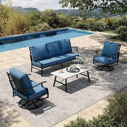 4 Piece Patio Furniture Set, 2 x Swivel Cushioned Chair, 3-Seat Sofa with Marbling Coffee Table, All Weather Outdoo