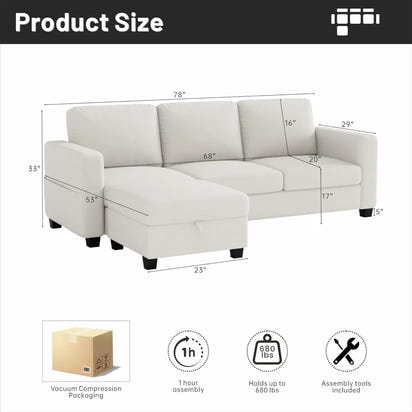 Pet-Friendly 78 L-Shaped Modular Sofa with Washable Cover and Convertible Three-Seater for Living Room