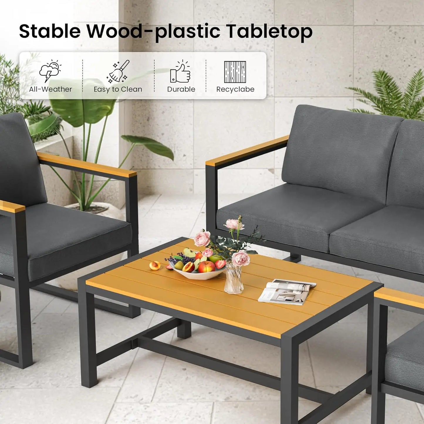 4-Piece All-Weather Patio Set with Coffee Table and Thick Cushions, Modern Metal Furniture for Outdoor Porch in Gray