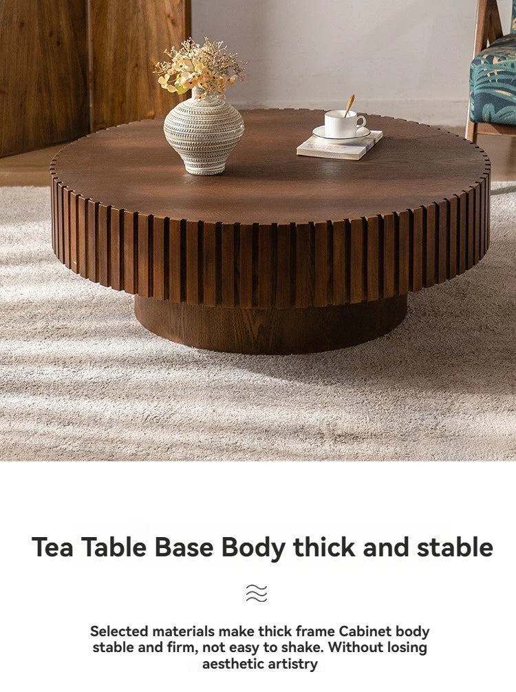 SS Modern Wooden Coffee Table Round Black With Solid Wood Veneered, Circle Center Table Accent Tea Table For Living Room Apartme