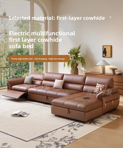LH Electric Retractable Sofa Bed Dual-use Genuine Leather Small Apartment First Layer Cowhide Sofa