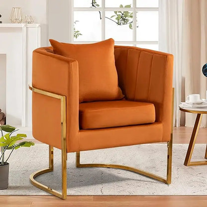 Mid-Century Velvet Accent Chair with Barrel Arms, Upholstered for Comfort, Gold Legs, White for Living/Bedroom，Customized