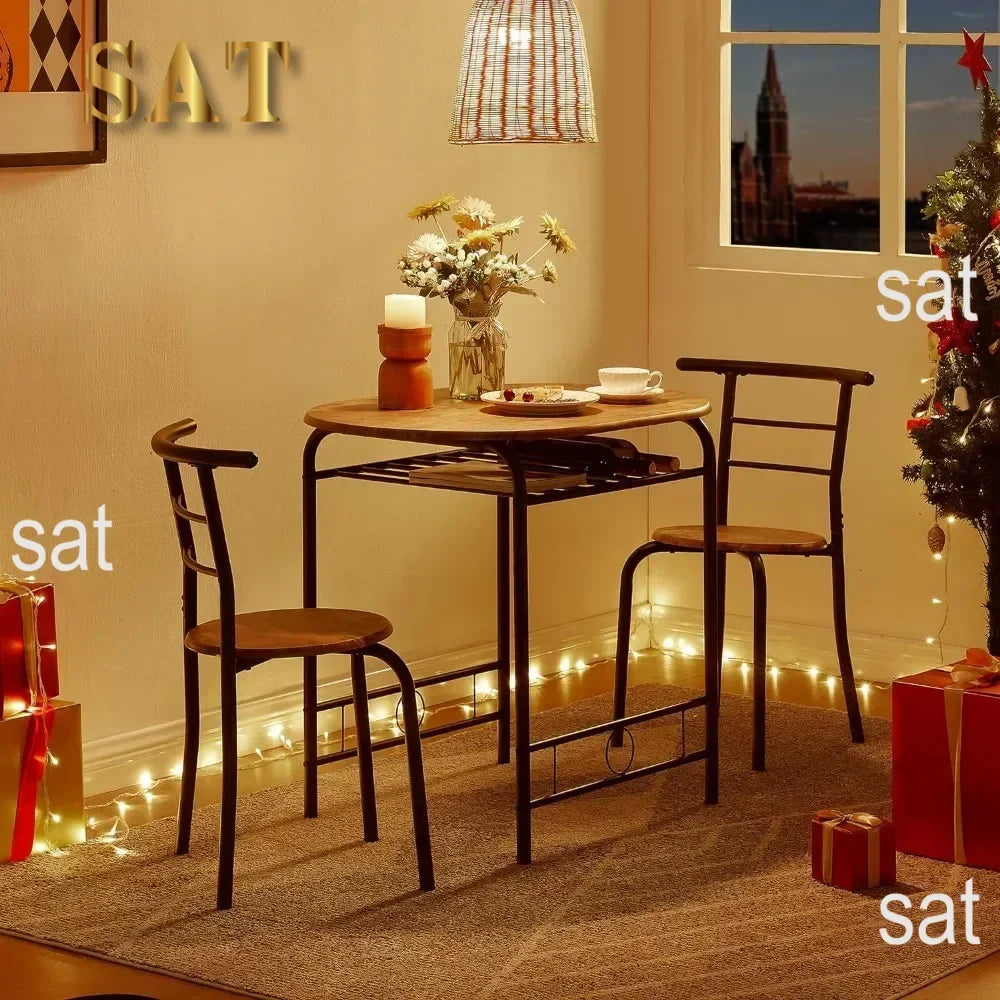 v 3 Piece Small Round Dining Table Set for Kitchen Breakfast Nook, Wood Grain Tabletop with Wine Storage Rack, Save Space, 31.