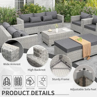 Patio Furniture Set Gray Rattan 7 Pieces Outdoor Sectional Sofa PE Wicker Conversation Chairs with Storage Table and Non-