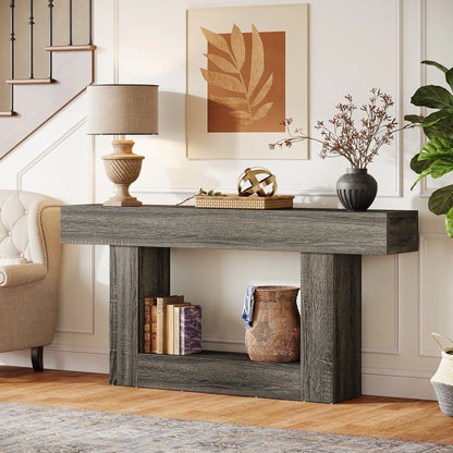 Rustic 2-Tier 63 Console Table with Storage for Entryway, Living Room, and Hallway in Brown & Gray