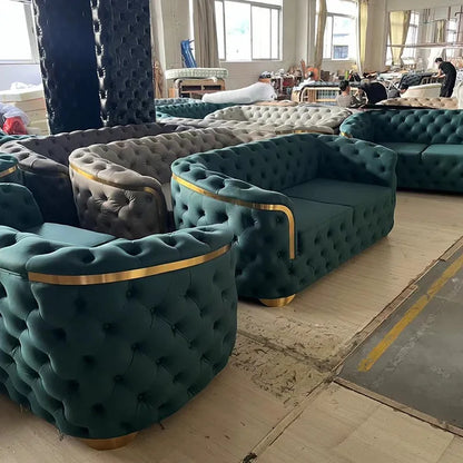 Luxury Gold Stainless Steel and Velvet Soft Sofa for Hotel Office Villa Warehouse or Export Use Sofa Combination