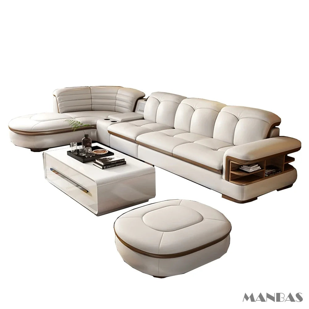 L-Shaped Genuine Leather Sectional Sofa Sets with USB, Bluetooth Speaker