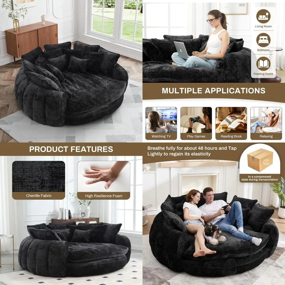 Oversized Round Chaise Lounge, Plush Lazy Bean Bag Sofa with 14 Pillows, Comfortable Chenille Upholstered Barrel Sleeper Bed