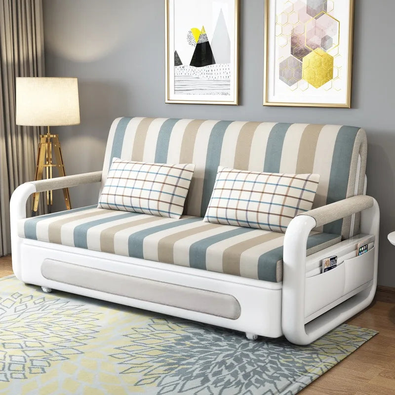 Modern Folding Sofa Bed with Fabric Upholstery Apartment Furniture Metal Frame Extendable for Living Room Dining Hotel Use