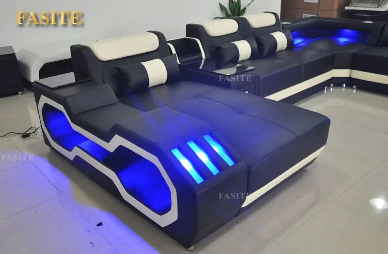 Modern Living Room Sofa Set Genuine Leather Sofas with USB Music Speaker