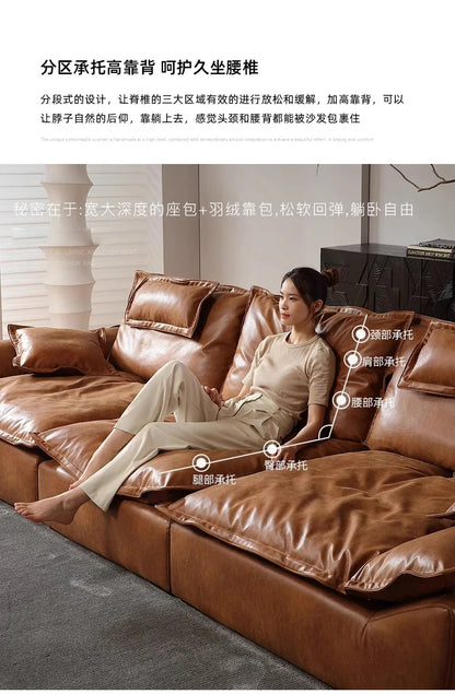 Sailing sofa retro oil wax leather super wide sitting depth adjustable backrest antique living room straight row sofa
