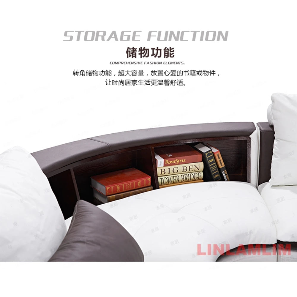 Modern Luxury Genuine Leather Sectional Sofa Set with Speaker and USB, U-Shaped Design Living Room Couch with Storage Shelves