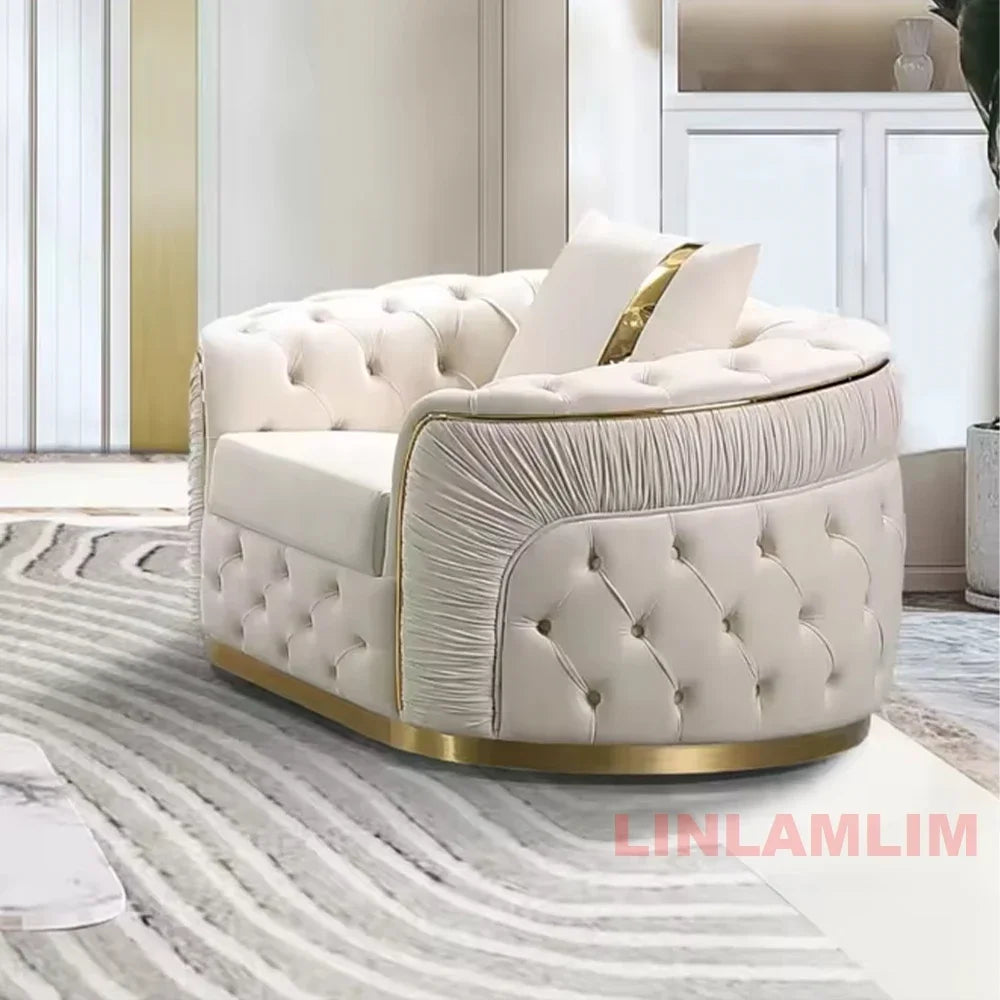 Luxury Chesterfield Sectional Sofa Set with Cloth Buttons and Fabric Modular Couch with Gold Stainless Steel Base, 3-seater Sofa