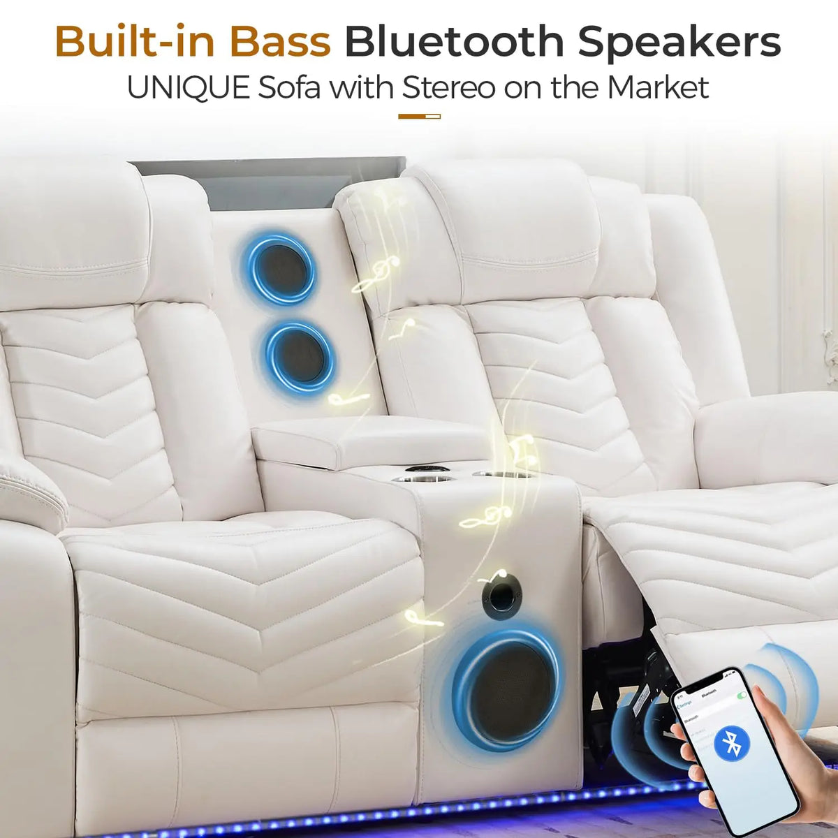 TODRANI Manual Recliner Loveseat with Bass Speaker, Faux Leather Reclining Love Seat with LED Lights, USB Charger, Cup Holder