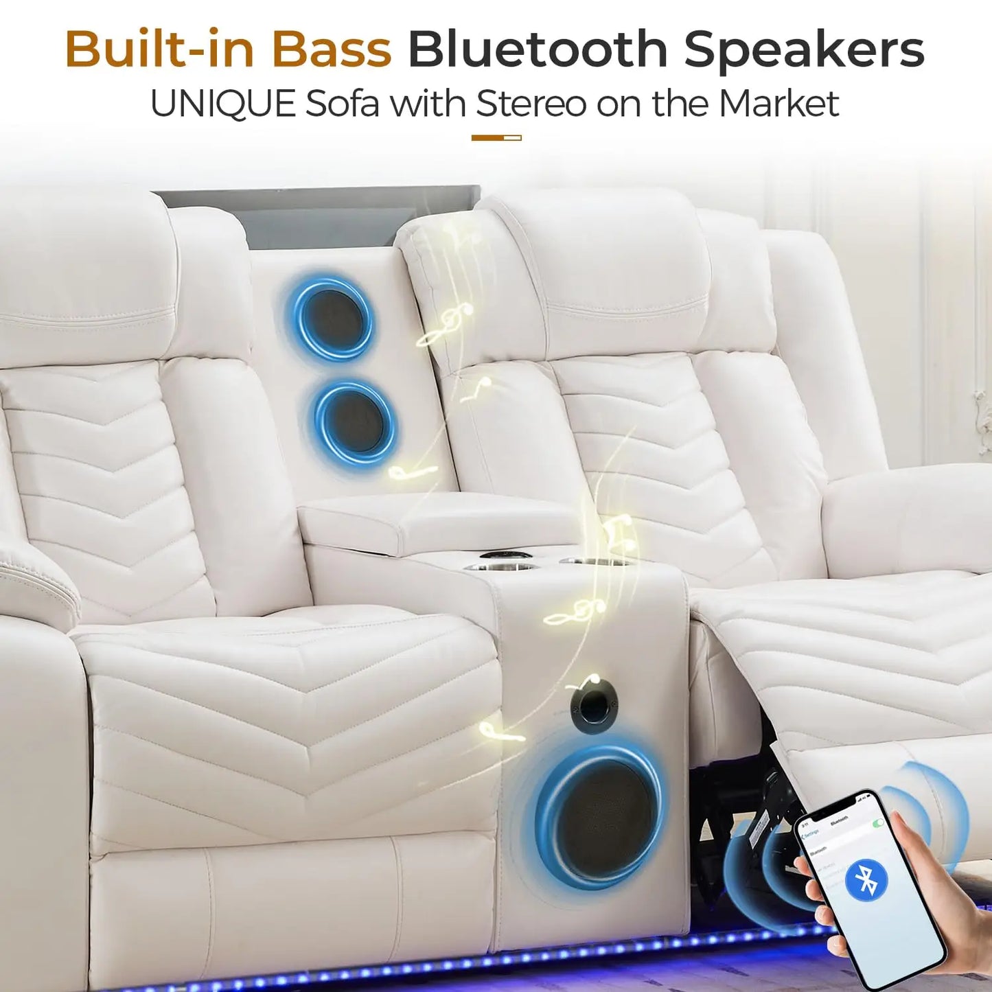 TODRANI Manual Recliner Loveseat with Bass Speaker, Faux Leather Reclining Love Seat with LED Lights, USB Charger, Cup Holder