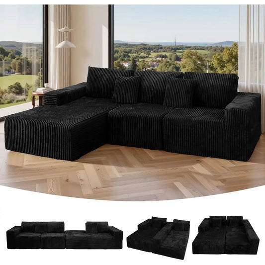 "High Backrest L-Shape Modular Sectional Sofa with Cloud Corduroy, Convertible Chaise for Left or Right Side, Bonel"