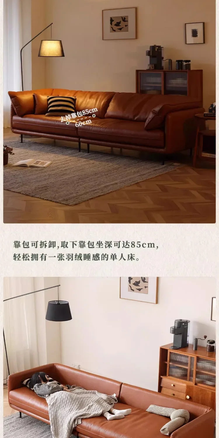 Retro oil wax leather sofa down large living room Nordic simple medium and ancient style straight row leather art sofa