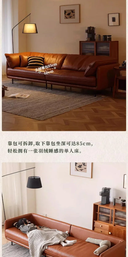 Retro oil wax leather sofa down large living room Nordic simple medium and ancient style straight row leather art sofa