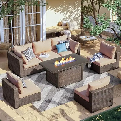 7 Piece Patio Furniture Set with  Fire Pit Table Outdoor Sectional Conversation Sofa Set with Coffee Table