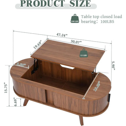Small Lift Top Coffee Table with Sliding Tambour Door, 47.3" Mid Century Modern Curved Coffee Table with Storage, Oval Center Ta