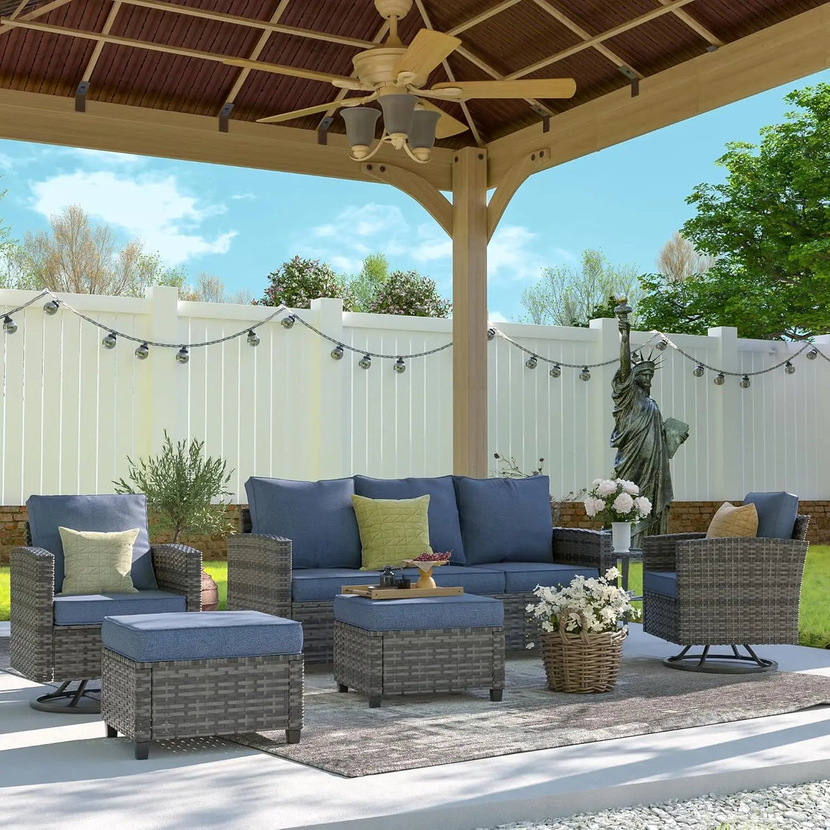 Patio Furniture Set, 6 Pieces Outdoor Sectional Couch with Swivel Rocking Chair, Gray Wicker Rattan Sofa with Side, Customized