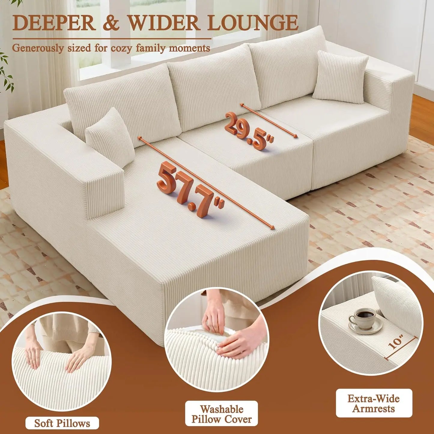 108'' Cloud Couch Modular Sectional Sofa with L-Shape Chaise Modern Upholstered Corduroy Living Room Customized Sofa Set