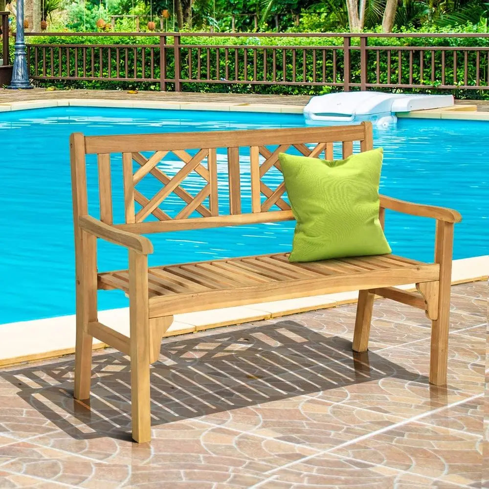 Acacia Wood Outdoor Loveseat Bench, Curved Back & Armrests, 705 lbs, Ideal for Garden, Patio, Park, Porch, Balcony
