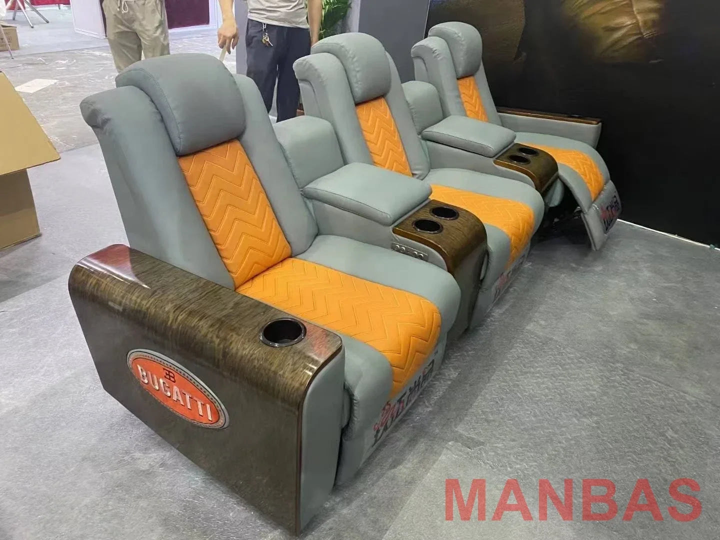 Linlamlim Luxury 3-Seat Recliner Sofa with Cup Holders, Leather Home Theater Seating, Cinema Recliner Couch with Center Console