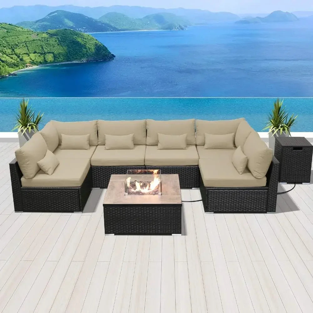 Fire Table Set Sectional Outdoor Furniture Propane Firepit Dark Brown Rattan Outdoor Sofa Set (with a rectangular/square table)