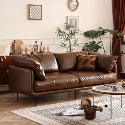 Retro oil wax leather sofa down large living room Nordic simple medium and ancient style straight row leather art sofa