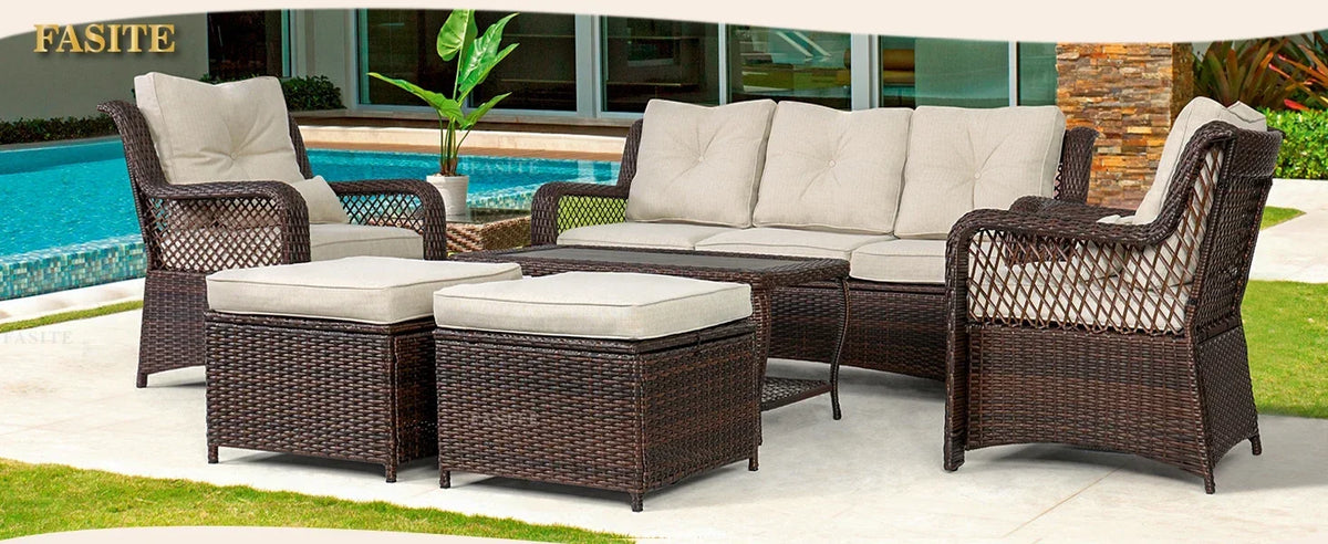 Long - lasting 6 Pieces Patio Furniture Set, Wicker Outdoor Patio Sets, Sectional Rattan Sofa Chairs with Coffee Table