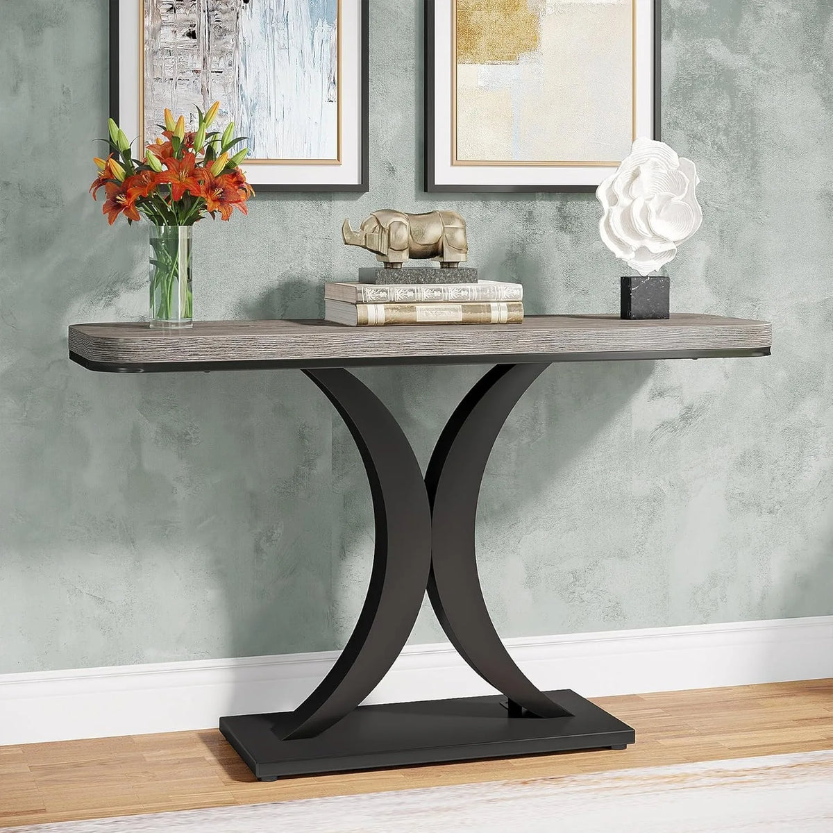 LITTLE TREE Industrial Console Table, 40 inch Narrow Entryway Foyer Table with Geometric Base, Accent Table for Living Room