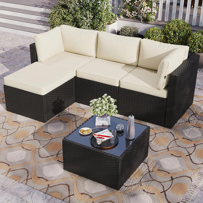 5-Piece Outdoor Sectional Sofa with Washable Cushion, Wicker Rattan Patio Conversation Set for Backyard Porch Poolside, Custom