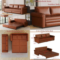 King Size 3 Seater Light Brown Leather Sleeper Sofa with Pull Out Bed and 3-in-1 Convertible Features