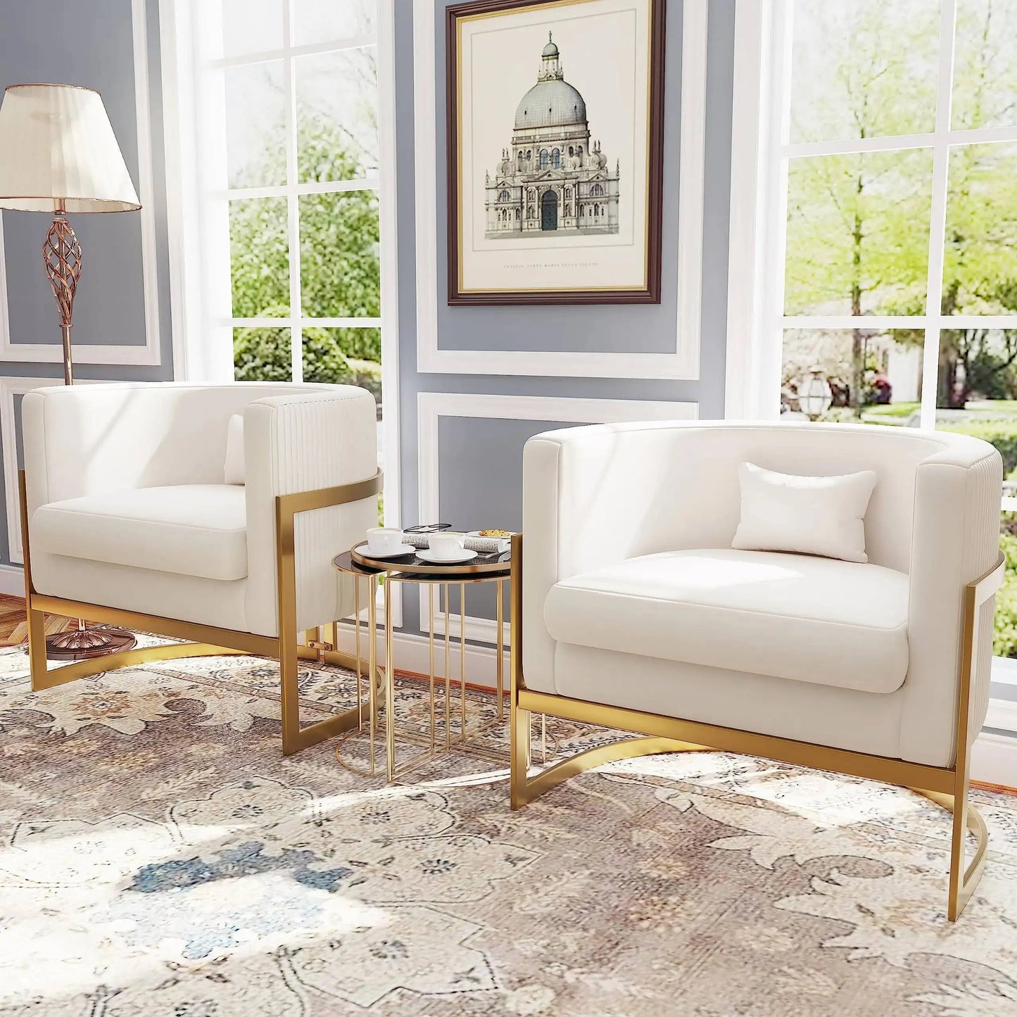 Velvet Upholstered Accent Chair with Gold Frame, Modern Barrel Armchair for Bedroom, Living Room, or Vanity Corner