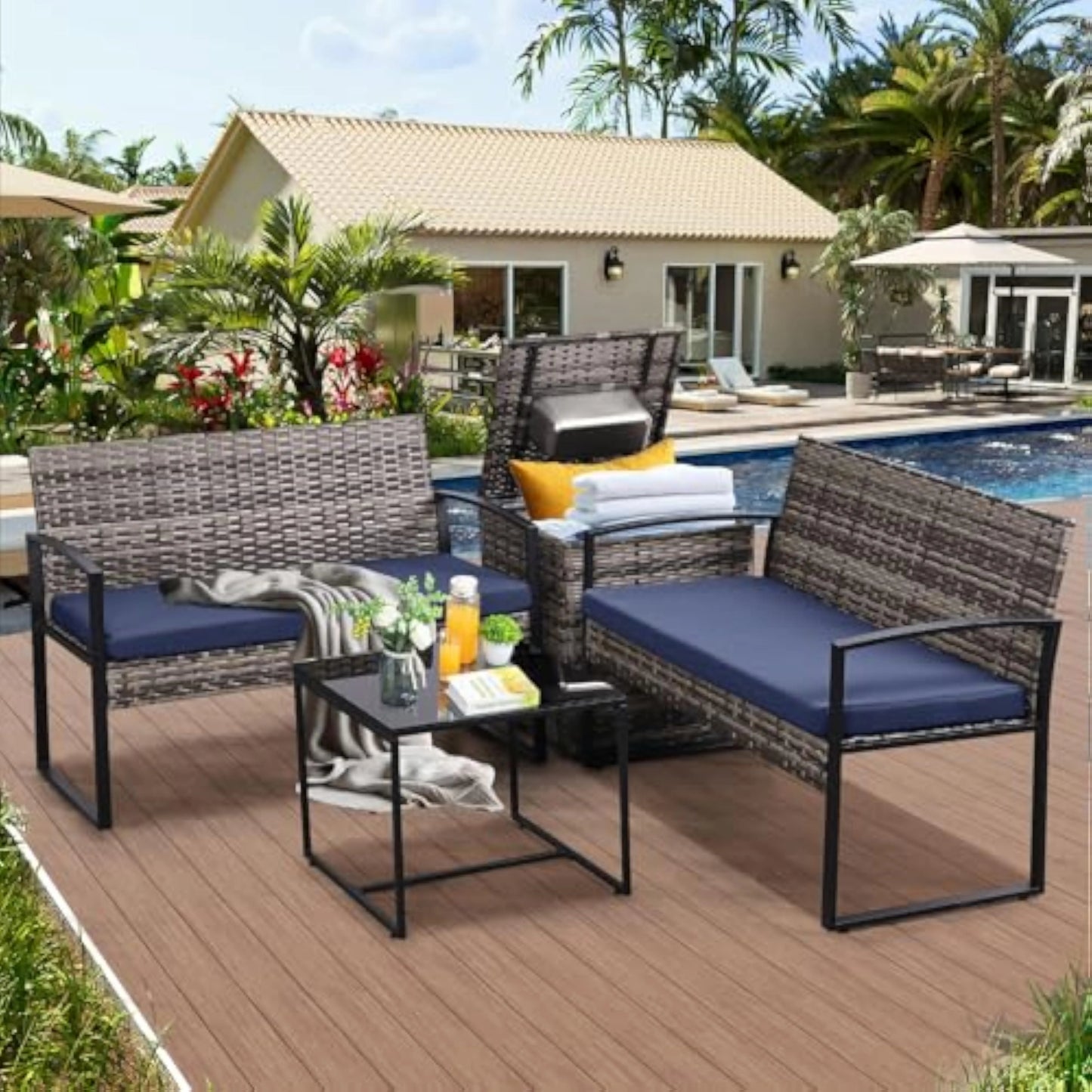Outdoor Patio Furniture Set w/Built-in Beverage Cooler Storage Box & Coffee Table for Outside for Balcony