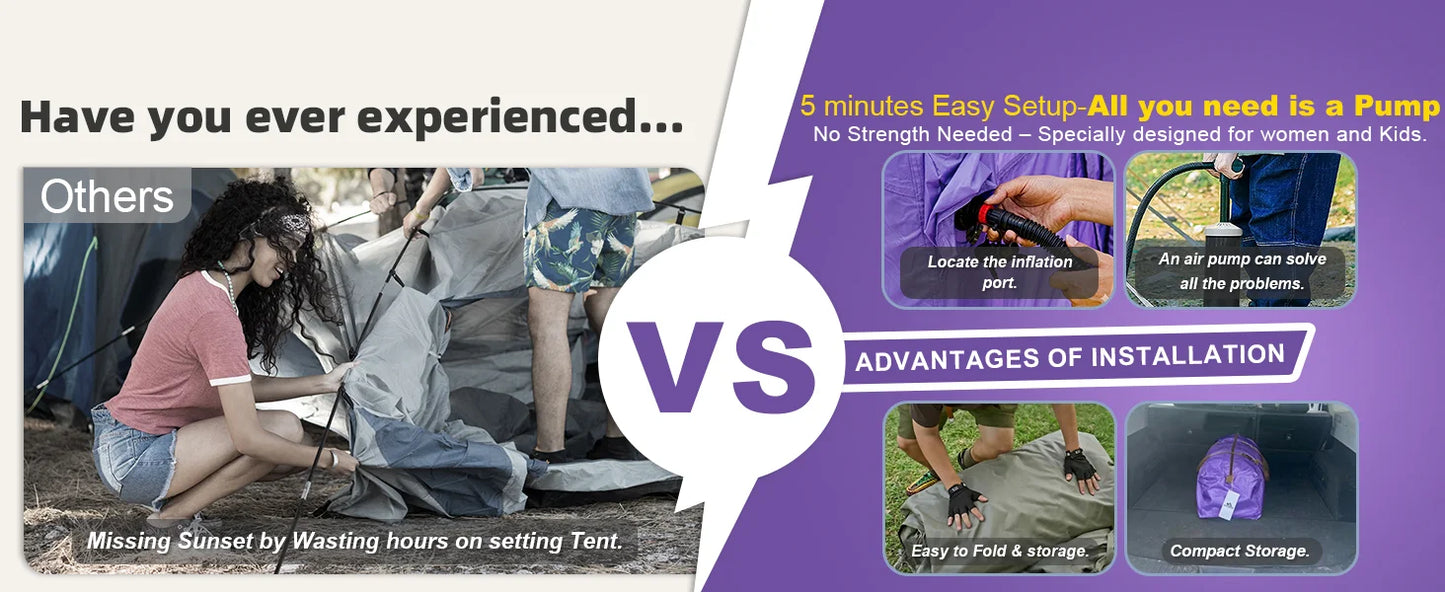 129 Square Feet Purple Inflatable Tent 6-8 Person for Camping,4 Season Easy Setup Waterproof Oxford Air Tent House with Tarp