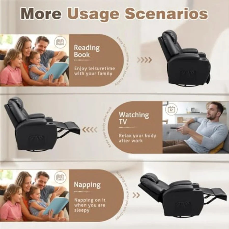 Recliner Chair, 360° Swivel Rocker Chair for Adults, Rocking Recliner Chair with Massage, Comfy Single Sofa with Side Pockets C