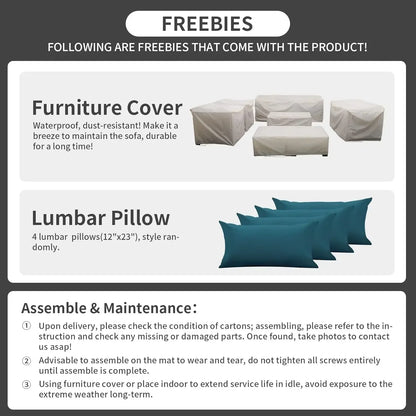 Patio Furniture Set 7 Pieces Couch Outdoor Chairs Coffee Table Peacock Blue Anti-Slip Cushions and Waterproof Covers