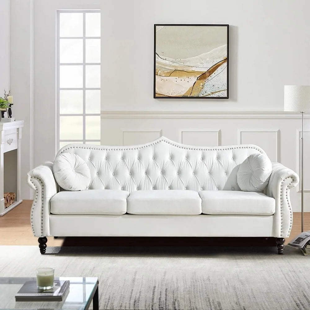 3 Seater Chesterfield Sofa Velvet for Living Room, Modern Tufted Velvet Couch 3 Seater with Scroll Arms and Nailhead, Chesterfie