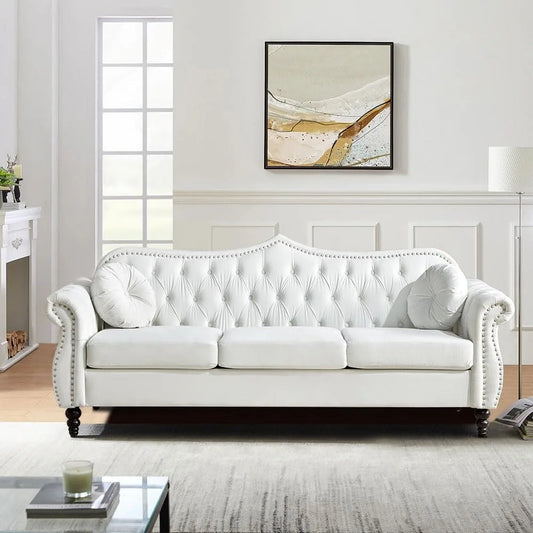 3 Seater Chesterfield Sofa Velvet for Living Room, Modern Tufted Velvet Couch 3 Seater with Scroll Arms and Nailhead, Chesterfie