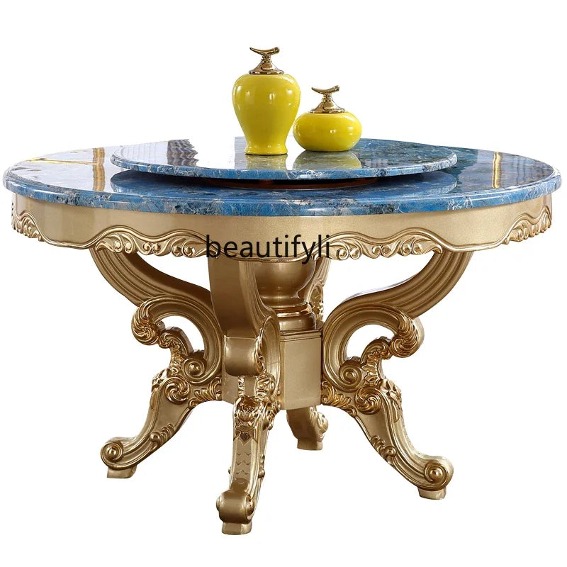 A55 European dining table andchairs American marble round table with turntable solid wood carving flower luxury champagne gold r