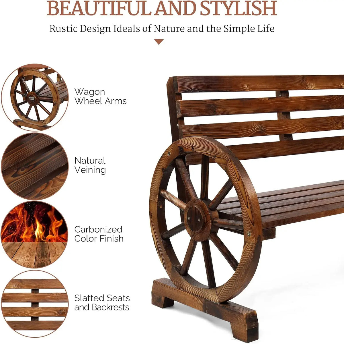 Country style wooden wheeled outdoor chair, patio bench with slat seating for 2 people, outdoor garden bench