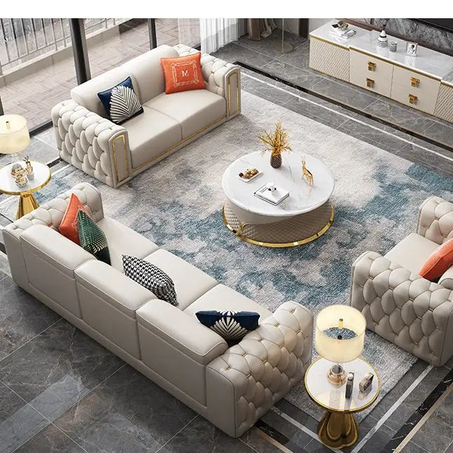 Cross-border Light Luxury Sofa Simple Modern Leather Sofa Italian Minimalist Villa Living Room Buckle Leather Sofa Combination