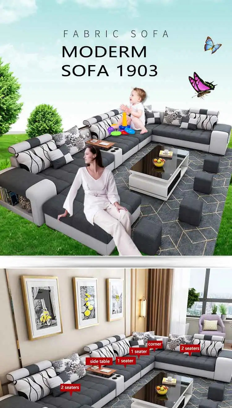 Modern Fabric Sofa Set Furniture Living Room Sofa Set with USB and Stools U Shape Cloth Couch Sofas for Home Furniture 1903