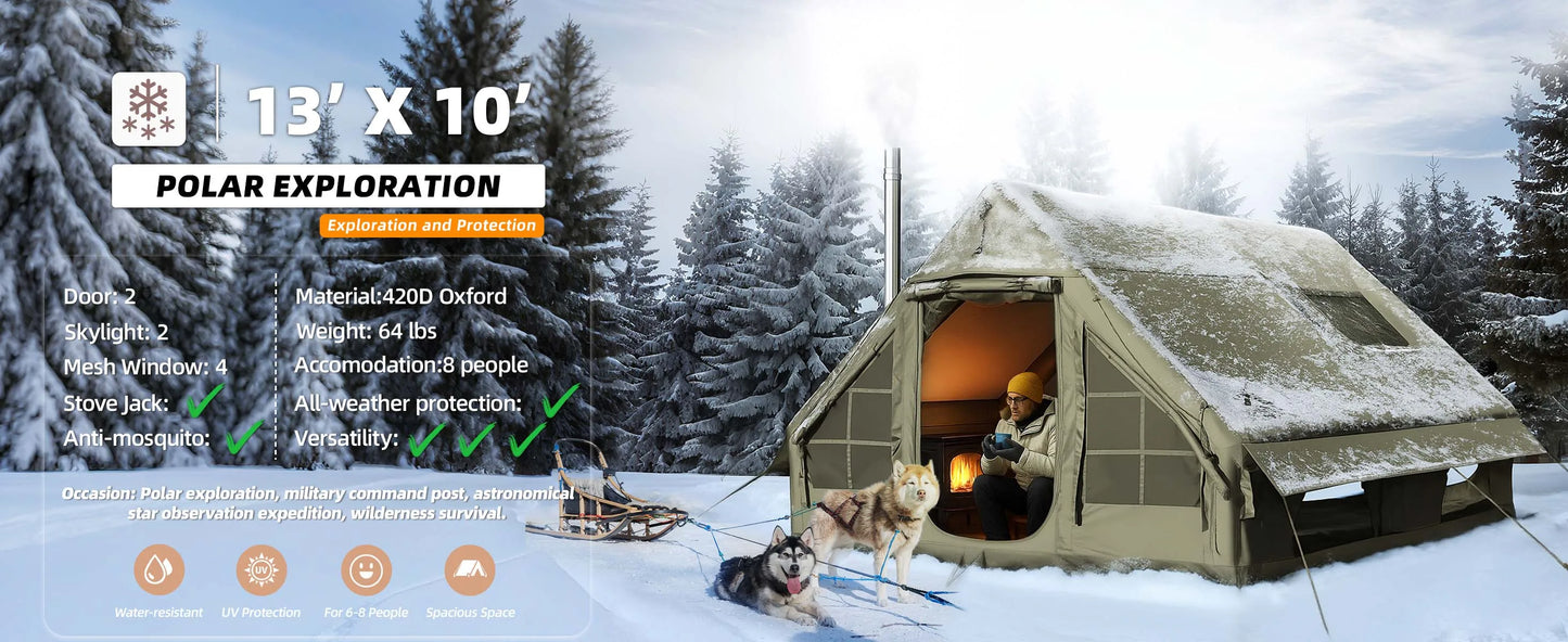 129 Square Feet Green Inflatable Camping Tent with Hand Pump,Waterproof Windproof Outdoor Blow up Tent with Chimney Stack