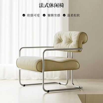 French light luxury stainless steel leather single sofa chair bedroom living room creative leisure chair cafe back dining chair