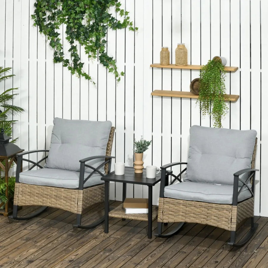 Rocking Bistro Set 3PC Wicker Outdoor Furniture with Rocker Chairs Cushions Coffee Table Light Grey