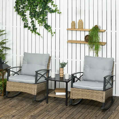 Rocking Bistro Set 3PC Wicker Outdoor Furniture with Rocker Chairs Cushions Coffee Table Light Grey