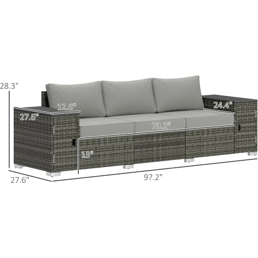 3 Seater Wicker Sofa with 2 Storage Side Tables and Thickened Cushions Rattan Outdoor Patio Sofa with Wide Armrests for Porch G